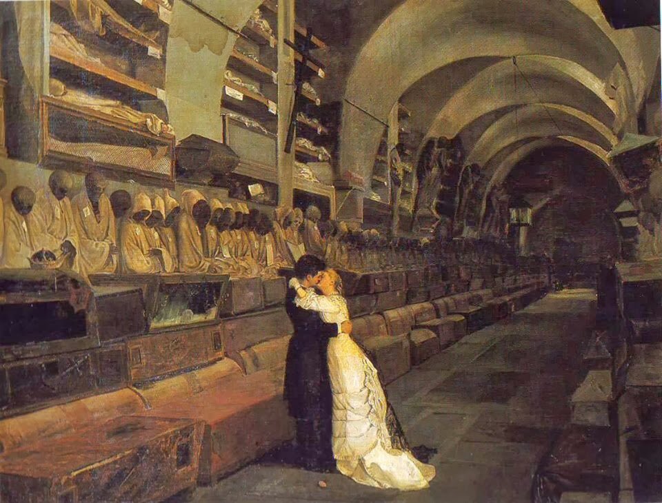 'Amor y muerte', (1881). Cuadro del pintor italiano Calcedonio Reina, que muestra a dos amantes besándose entre las momias de las Catacumbas de los Capuchinos de Palermo, Sicilia