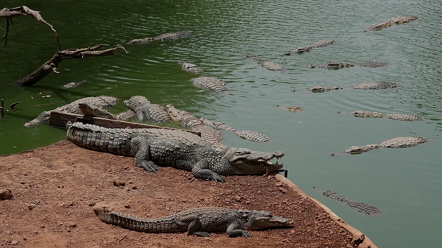 Crocodiles rest in a pond at Bandia Wildlife Reserve, 16 May, 2026