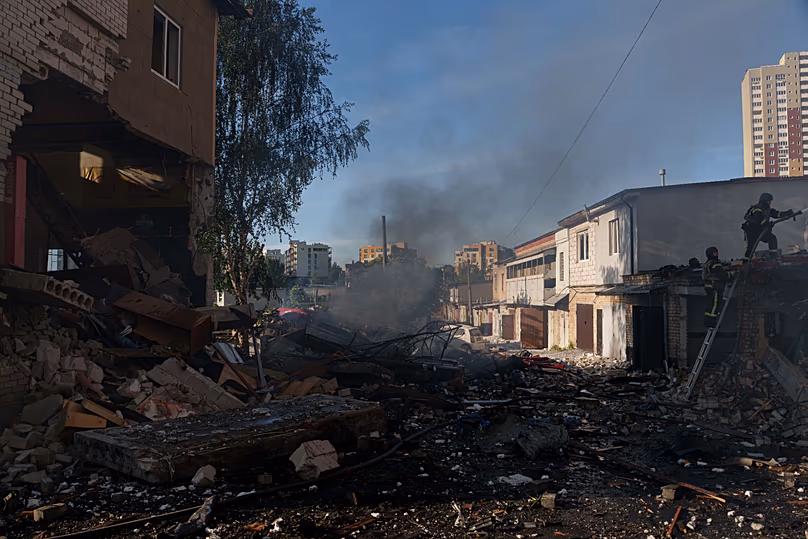 More than four years of war: on 2 June, rescue workers extinguish a fire at a car repair shop after a Russian attack on Kyiv in Ukraine.
