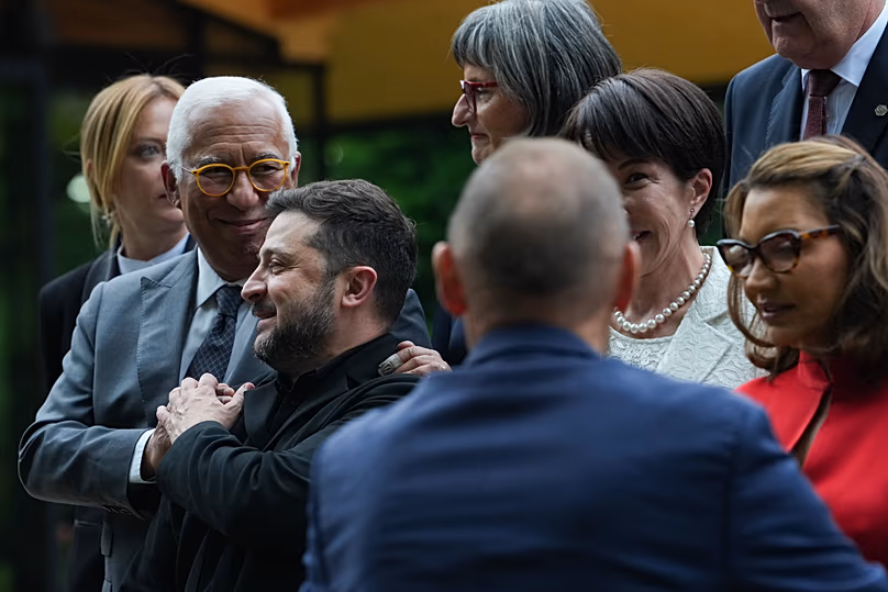 European Council President Antonio Costa greets Volodymyr Zelenskyy before a group photo at the G7 summit, June 16, 2026, in Evian-les-Bains, France