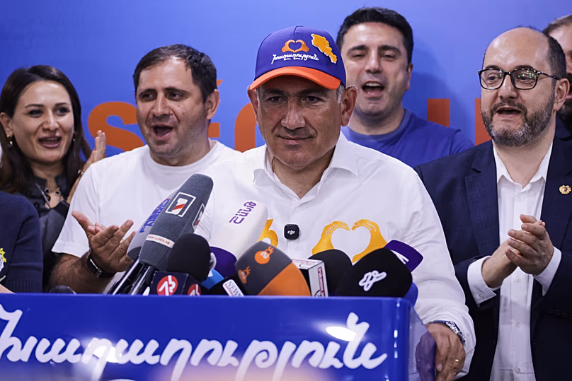 Armenian Prime Minister Nikol Pashinyan speaks at his Armenia Ruling Civil Contract party headquarters after parliamentary elections in Yerevan, 8 June, 2026