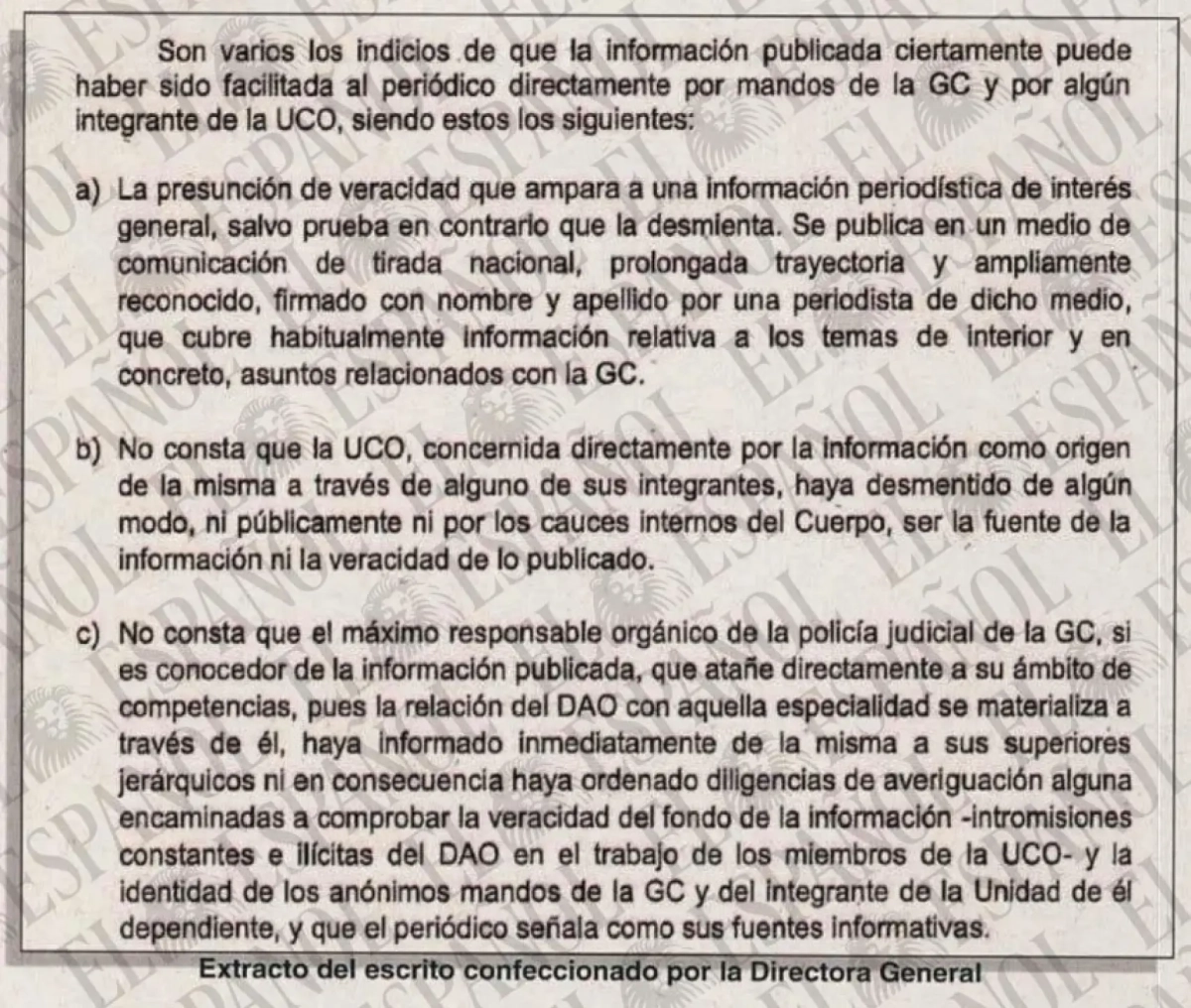 Extracto del escrito confeccionado por la Directora General de la Guardia Civil.