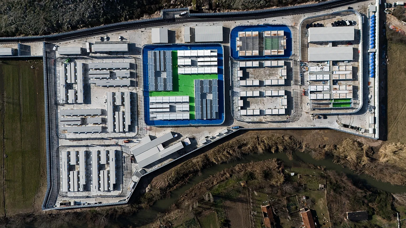An aerial view of the Gjader migrant camp at Lezhë region, Albania, Saturday, Feb. 1, 2025. 