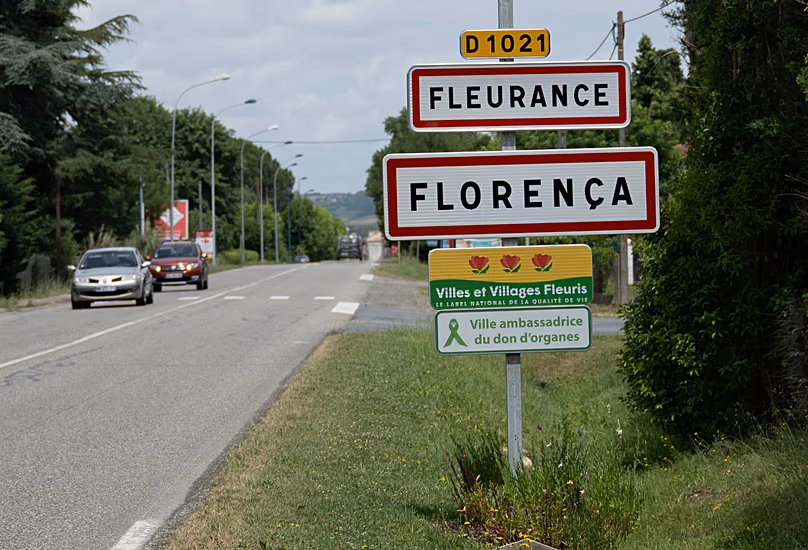 The entrance sign to Fleurance, the home of missing 11-year-old Lyhanna, in southwestern France, 5 June, 2026