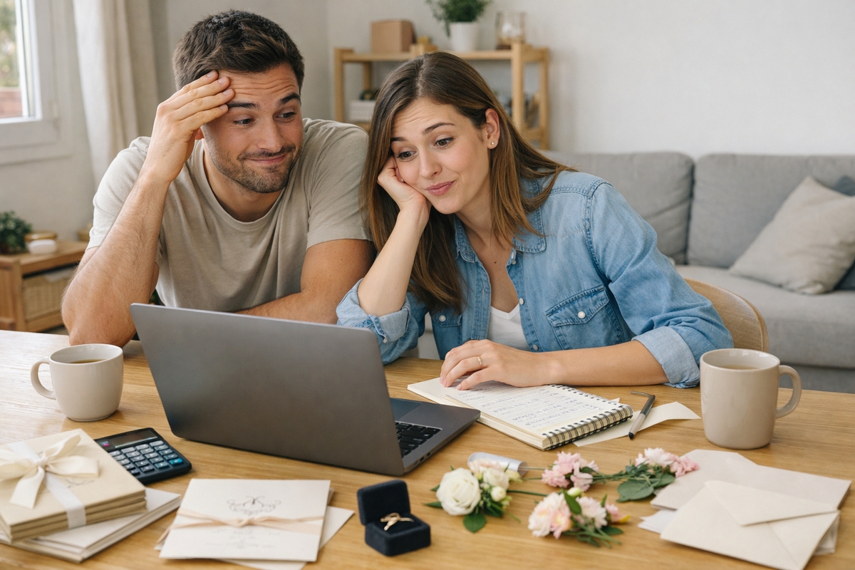 Una pareja sentada frente a un portátil sobre una mesa de madera, con dos tazas, una calculadora, una libreta, invitaciones, un anillo y flores.
