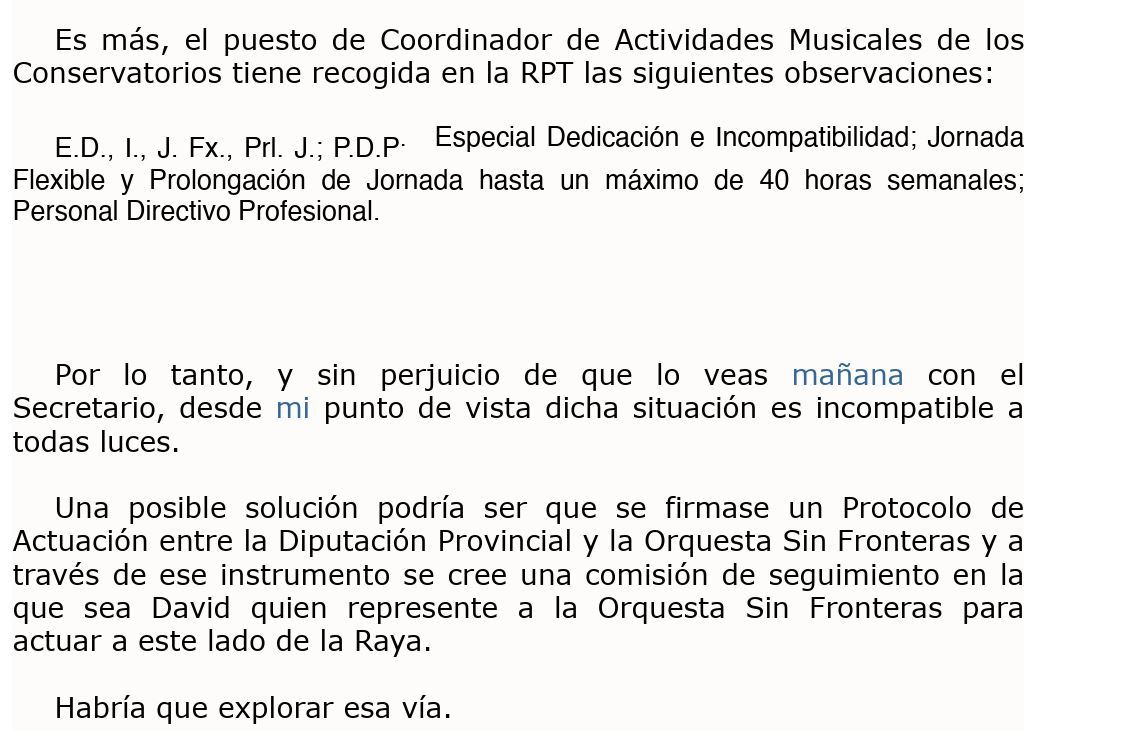 Informe de una funcionaria de la Diputación de Badajoz sobre la posible incompatibilidad del puesto de David Sánchez.