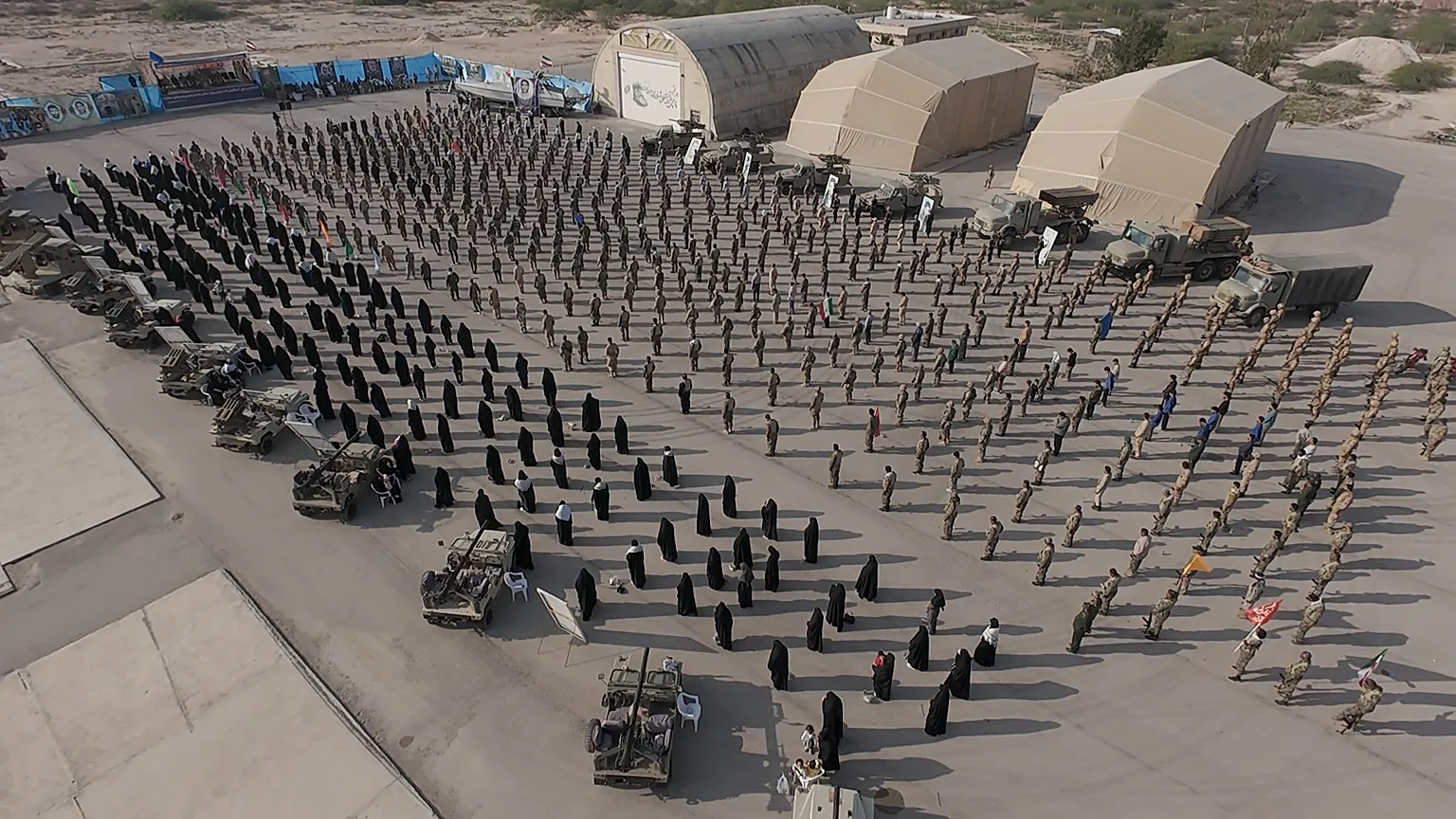 In this image provided by Sepahnews of the Iranian Revolutionary Guard on Feb. 16, 2026, shows troops standing at attention during the guard's drill.