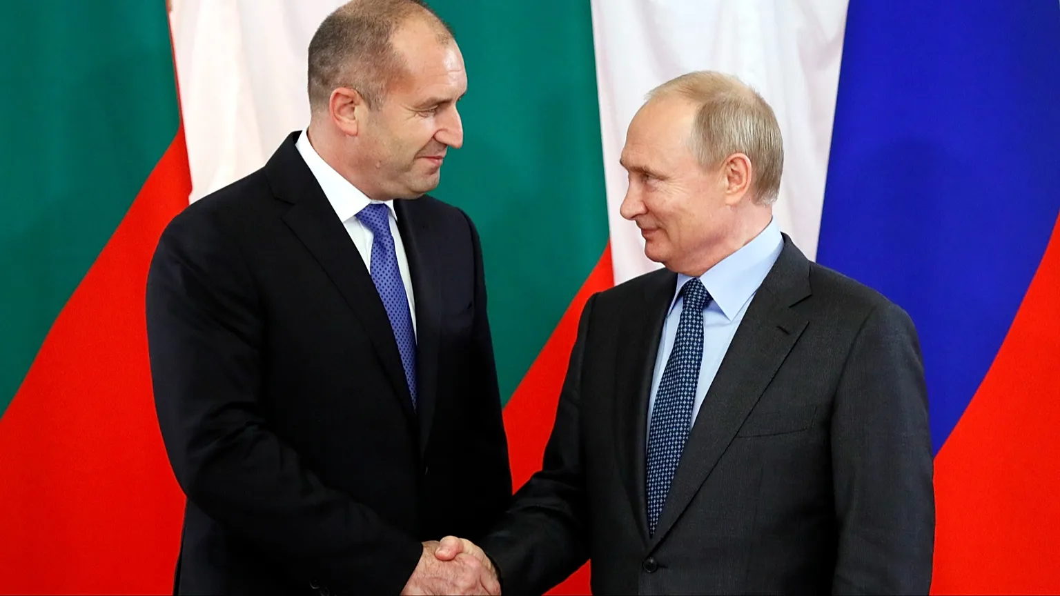 Russian President Vladimir Putin shaking hands with Bulgaria's then prime minister but now current president Rumen Radev in St. Petersburg, Russia, on 6 June, 2019.
