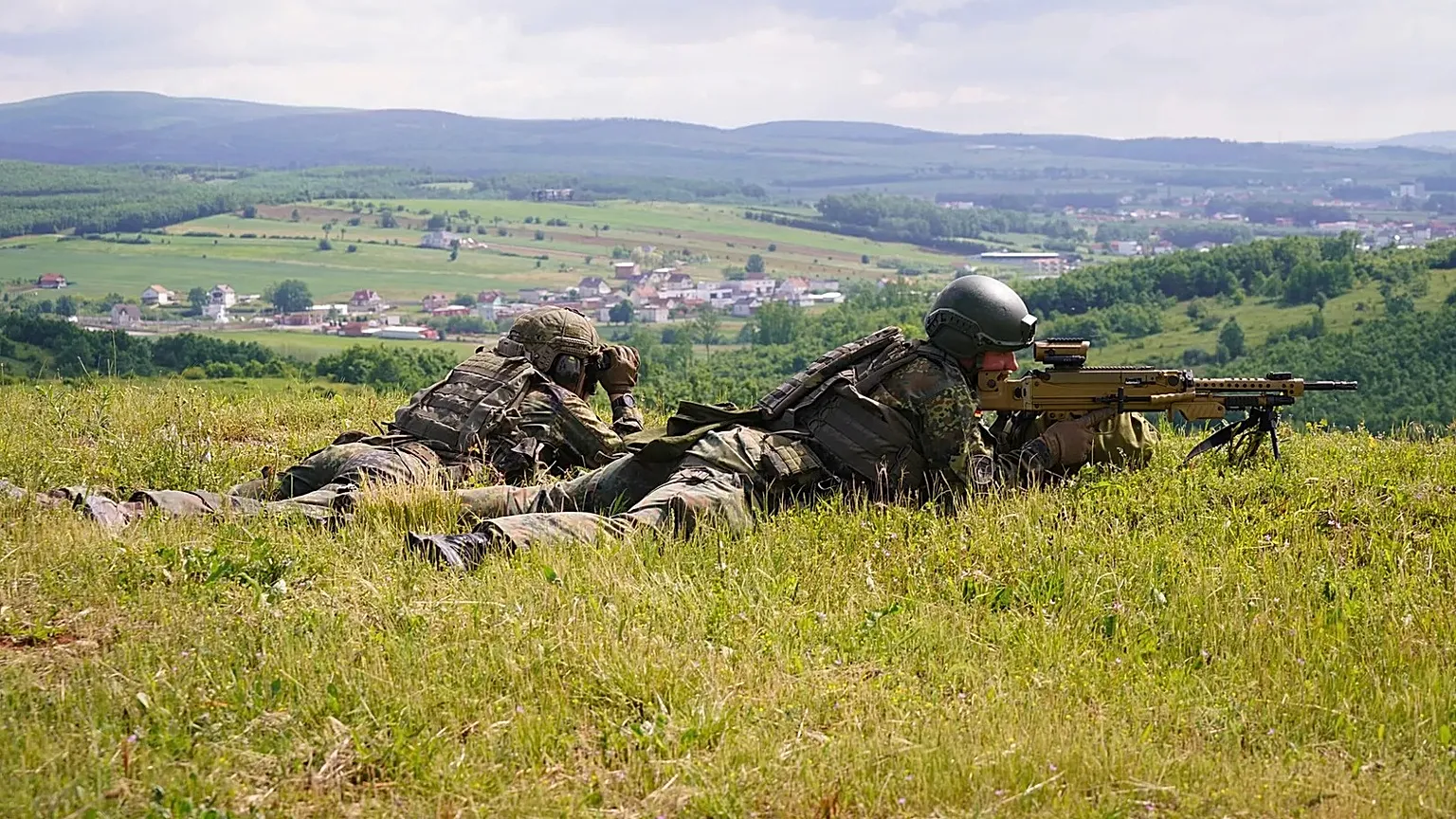 Soldiers assigned to KFOR during a defence training exercise at Camp Bondsteel, Kosovo.