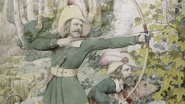 Un antiguo boceto de Robin Hood apuntando con su arco y flecha hacia su derecha en un bosque.