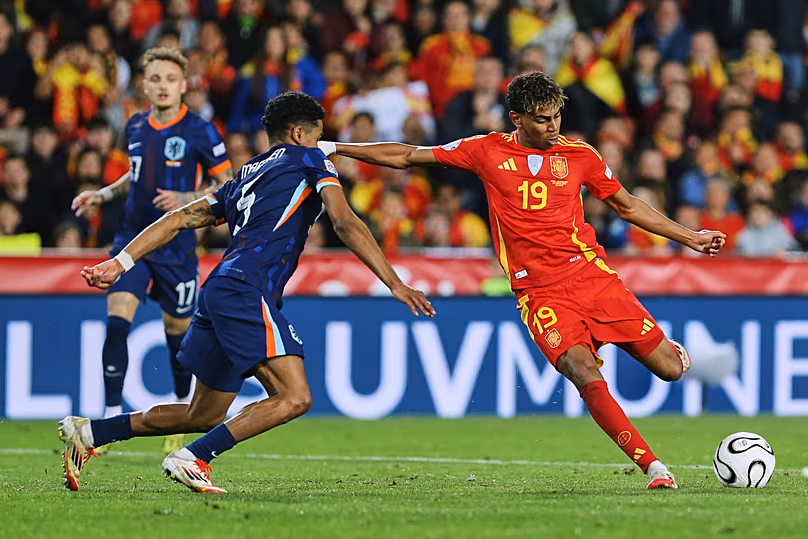 Next Ballon d'Or? Spain's Lamine Yamal, right, in action against the Netherlands in Valencia, 23/03/2025