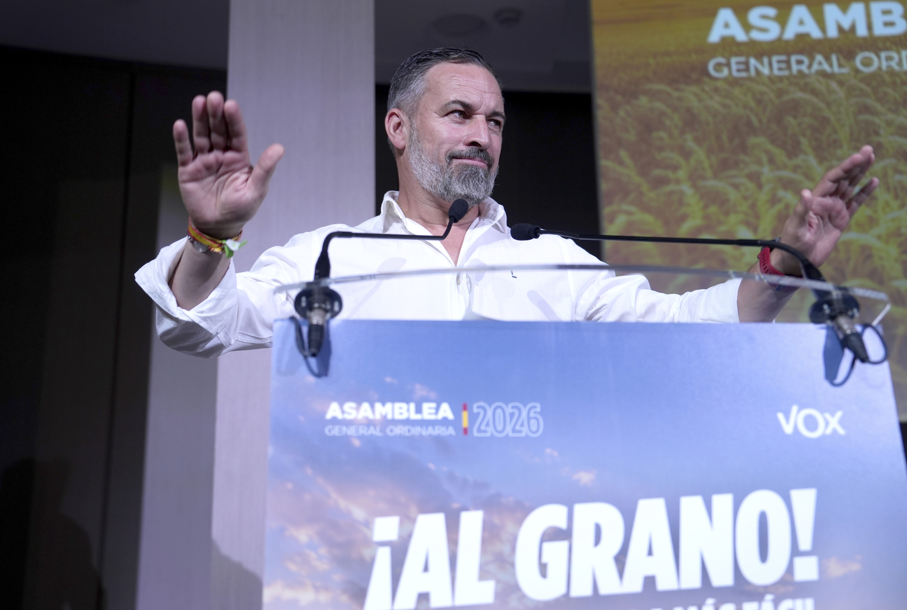 Santiago Abascal durante el acto público celebrado hoy tras la asamblea general ordinaria de VOX