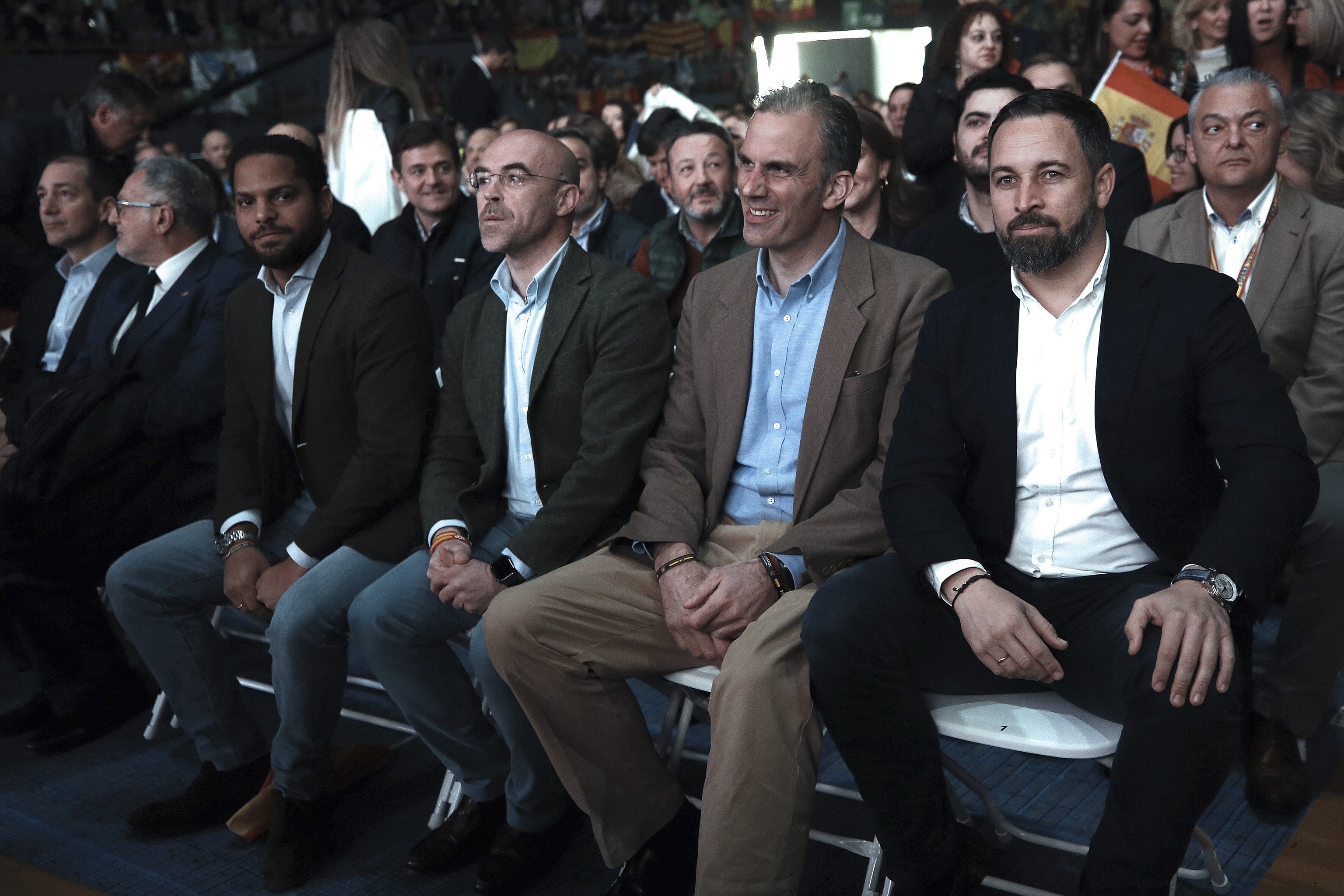 Los dirigentes Ignacio Garriga, Jorge Buxadé, Javier Ortega Smith y Santiago Abascal, en la Asamblea de Vox en 2020