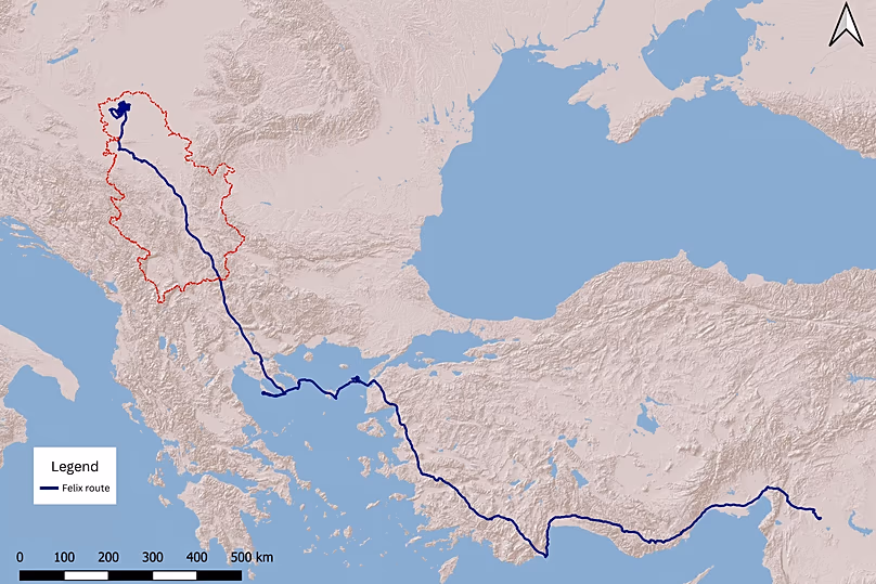 This graphic, made available by the BPSSS, shows a map of the flight route taken by Feliks