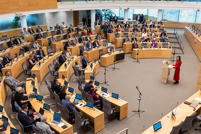 Lithuania's Social Democratic party member Inga Ruginienė nominated as the next Prime Minister speaks in parliament in Vilnius, 26 August, 2025