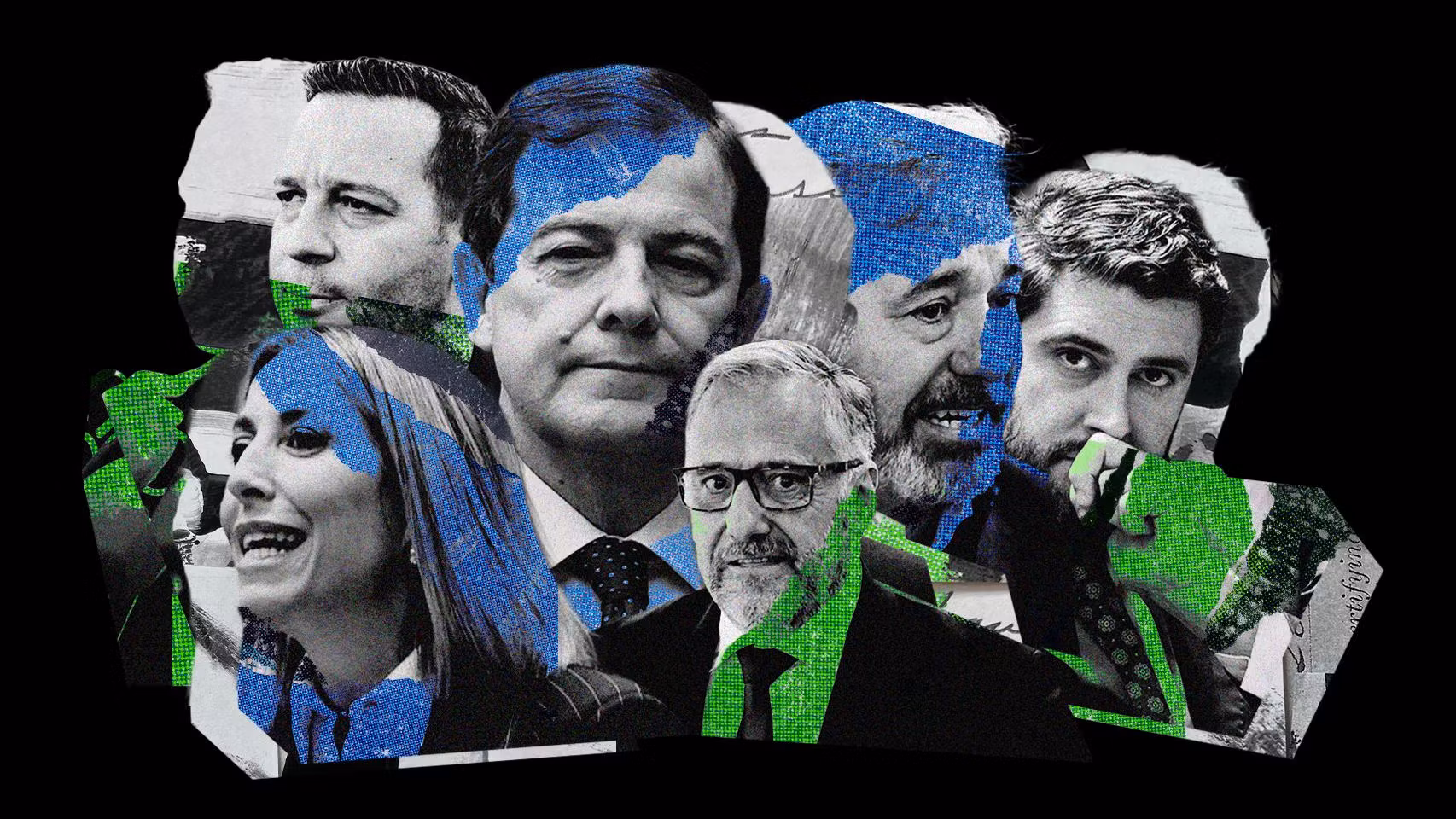 María Guardiola, Alfonso Fernández Mañueco y Jorge Azcón, junto a sus respectivos vicepresidentes: Óscar Fernández Calle, Carlos Pollán y Alejandro Nolasco.