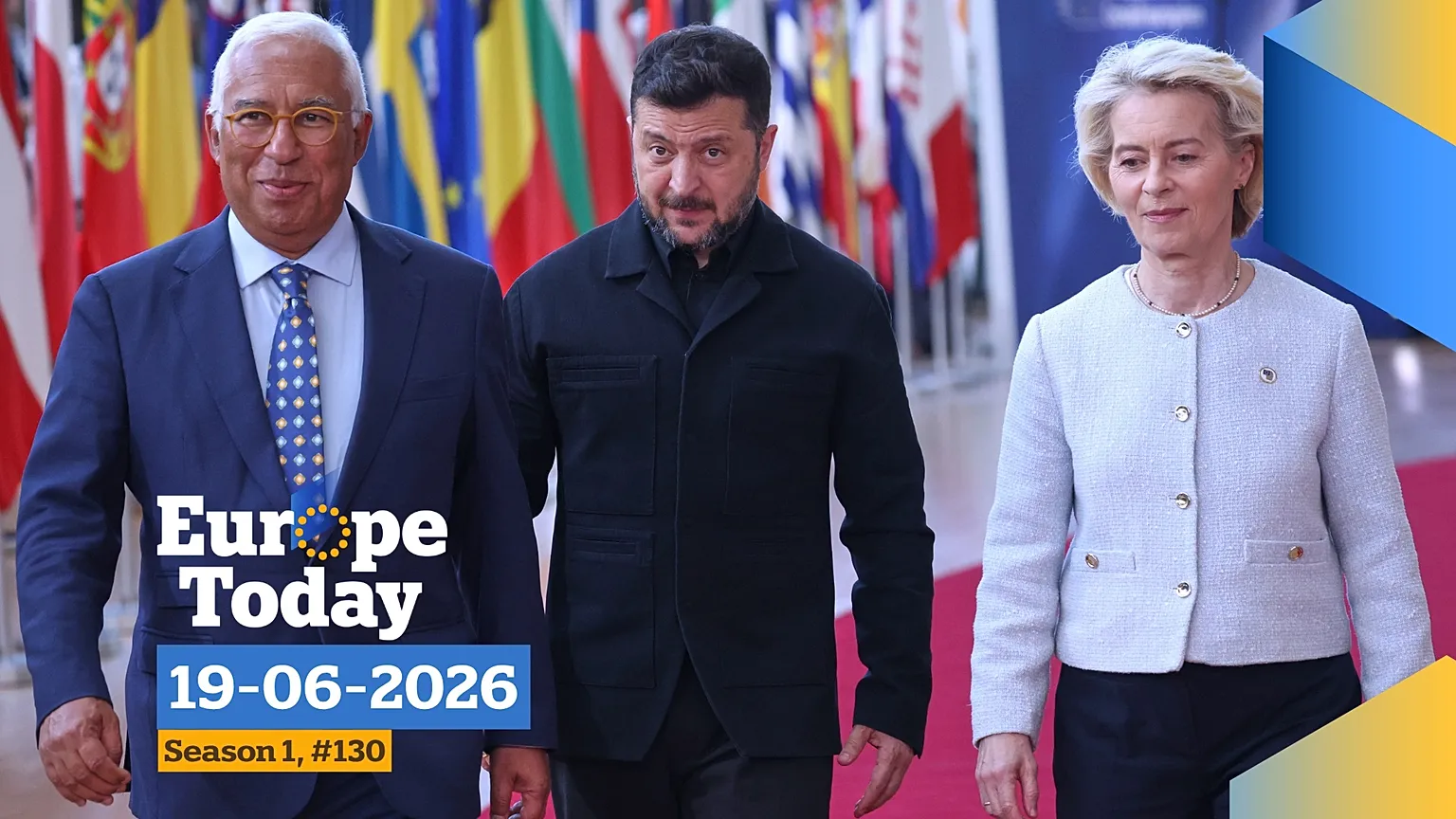 European Council President Antonio Costa, Ukraine's President Volodymyr Zelenskyy and European Commission President Ursula von der Leyen arrive for the EU summit in Brussels 