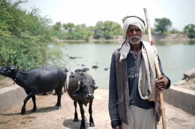 Hombre con bigote y barba blancas, una bufanda de tela blanca amarrada en la cabeza, pantalones blancos, buso azul oscuro y chaqueta taupe, sosteniendo un bastón con una mano. A su lado, dos bueyes y en el fondo, un estanque de agua y árboles.