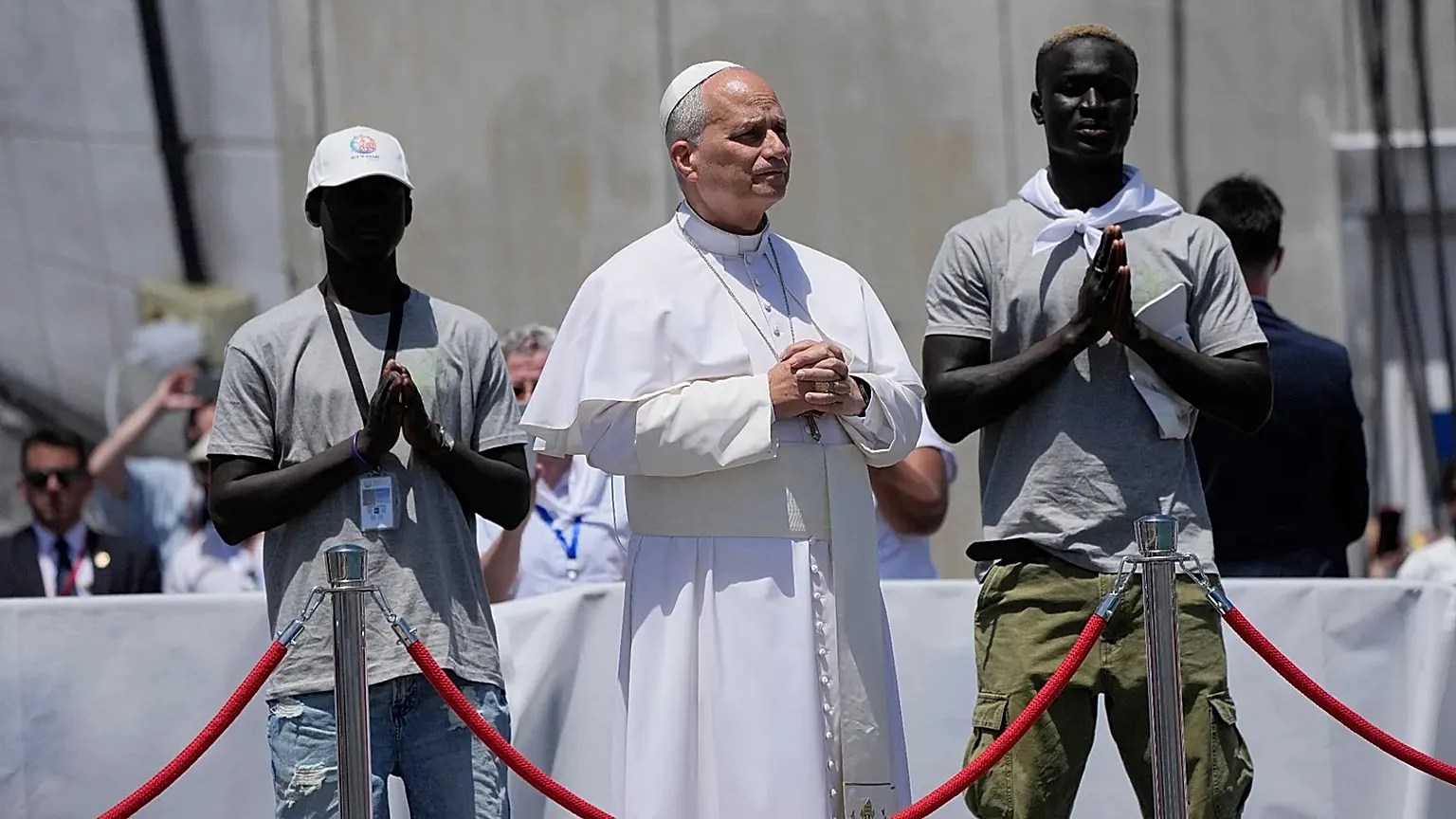 Pope Leo XIV attends a meeting with organisations working with migrants in Arguineguin at the Canary Islands, Spain, Thursday, June 11, 2026.