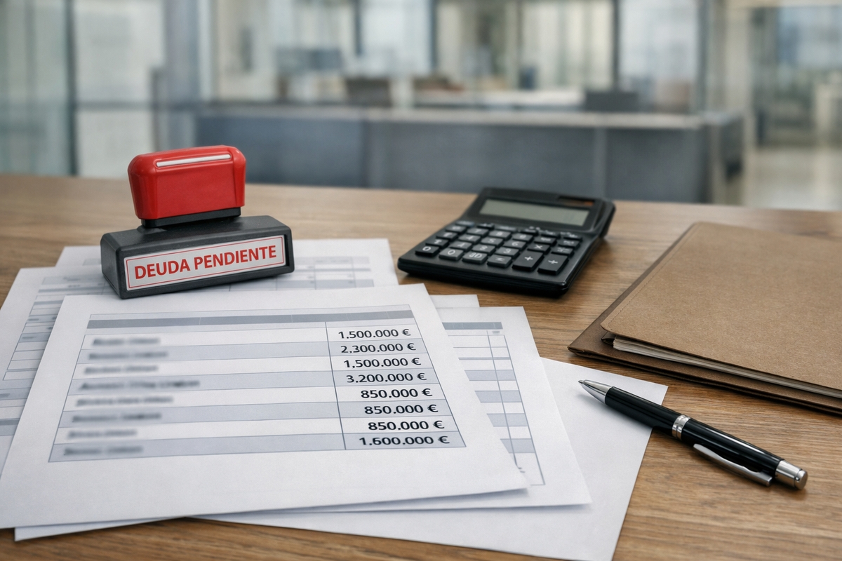 Un sello rojo y negro con "DEUDA PENDIENTE", documentos con cifras de euros, una calculadora, un bolígrafo y una carpeta sobre una mesa de madera.