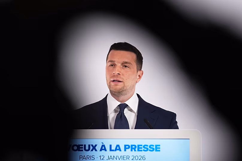 Far-right party National Rally president Jordan Bardella speaks during his New Year address to the press in Paris, 12 January, 2026 