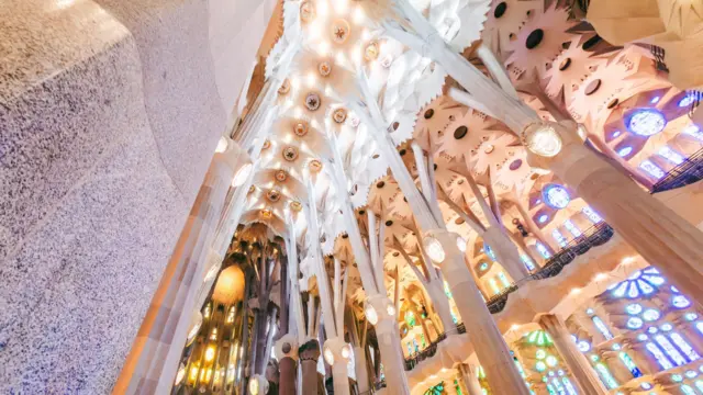 Una foto tomada desde abajo de las columnas intrincadamente talladas del interior de la iglesia que se ramifican en la parte superior, sosteniendo su techo.