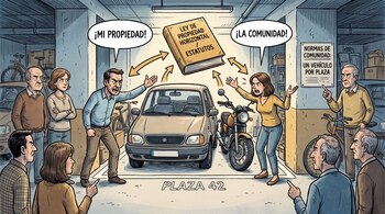 Dibujo que muestra una escena de conflicto en un garaje subterráneo, con un hombre y una mujer discutiendo frente a un coche y una motocicleta en una plaza, mientras otros vecinos observan. Se ven un libro y un cartel con normas.