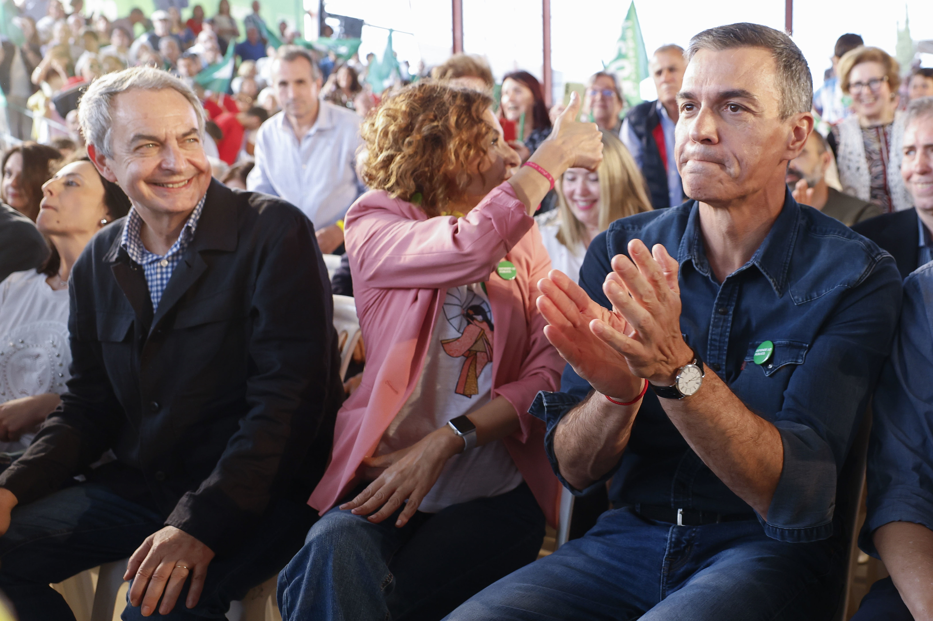 Zapatero, Montero y Sánchez, en un acto de campaña el pasado 1 de mayo en Málaga.