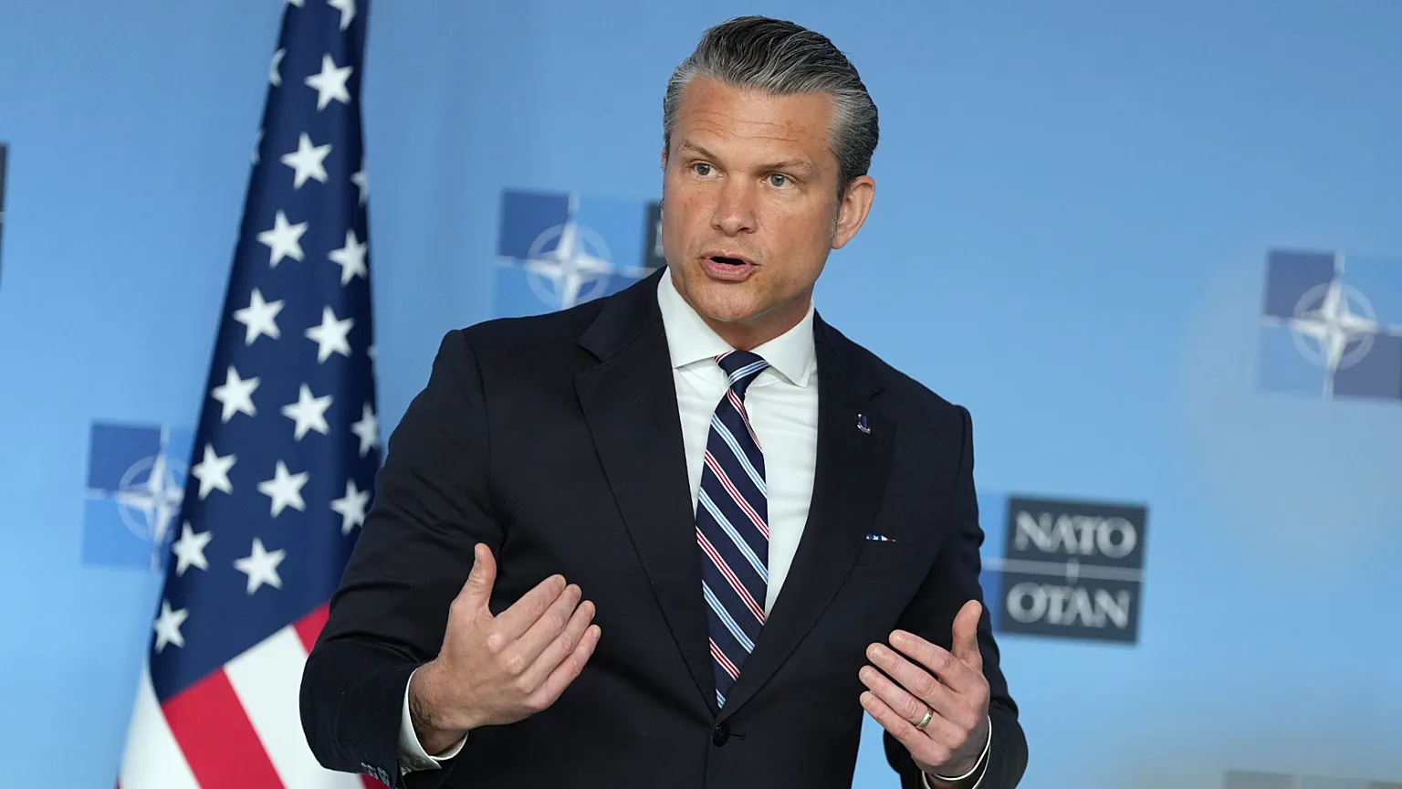 United States Defense Secretary Pete Hegseth speaks during a press statement on arrival for a meeting of NATO defense ministers at NATO headquarters in Brussels, Thursday.