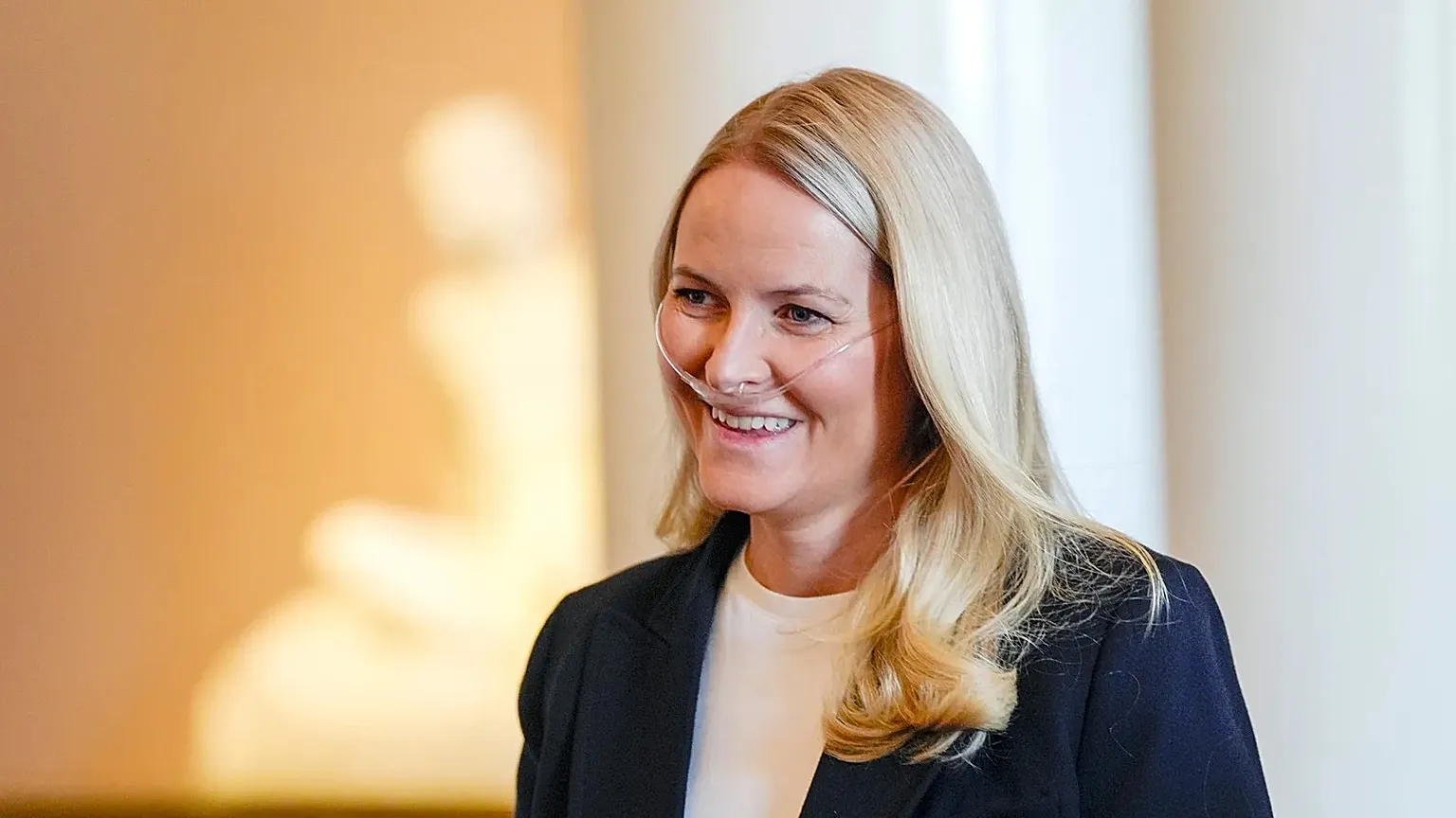 Norway's Crown Princess Mette Marit smiles during a reception for Norwegian athletes who competed in the Milan Cortina Paralympics, in Oslo, Friday, April 10, 2026.