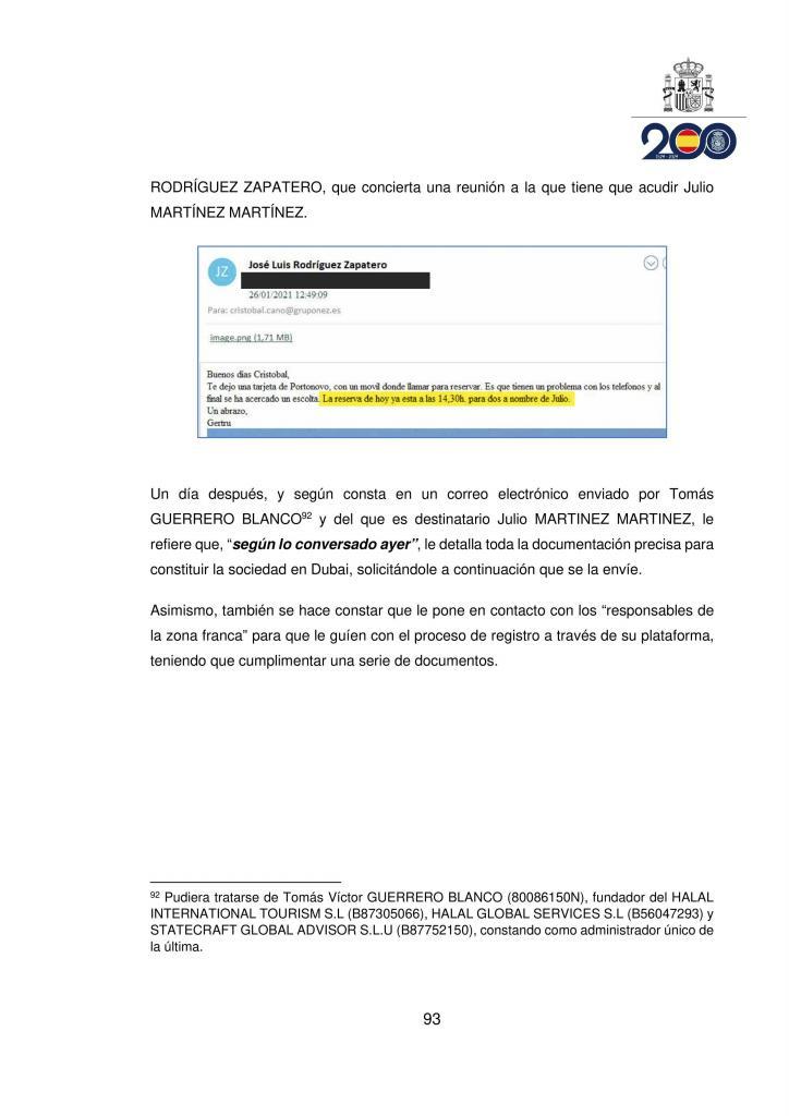 Correo el 26 de enero de 2021 para el almuerzo de Zapatero con Martínez.