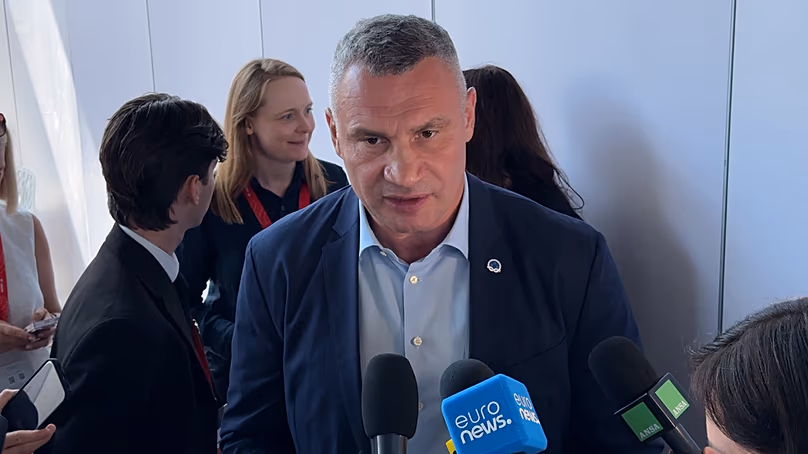 Kyiv Mayor Vitali Klitschko speaking to journalists at the Ukraine Recovery Conference (URC) in Gdańsk, 26.06.2026