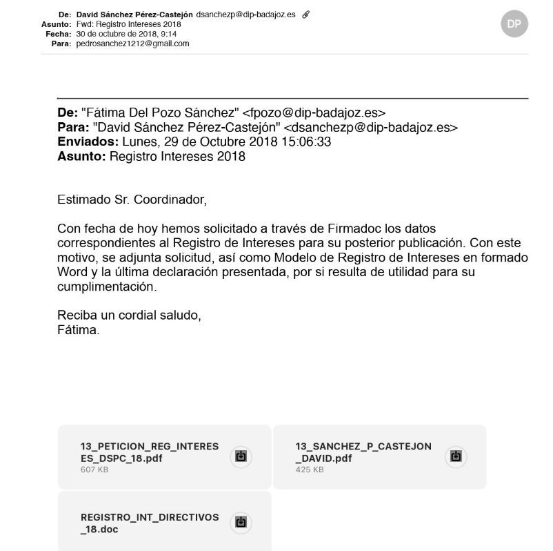 Mensaje reenviado por David Sánchez a la cuenta pedrosanchez1212@gmail.com de un correo enviado por una funcionaria de la Diputación de Badajoz.