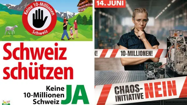 Dos carteles, uno al lado del otro: uno a la izquierda es un cartel del voto Sí que pide "No a 10 millones de suizos", y otro a la derecha respalda el voto No, condenando el plan como una "iniciativa del caos".