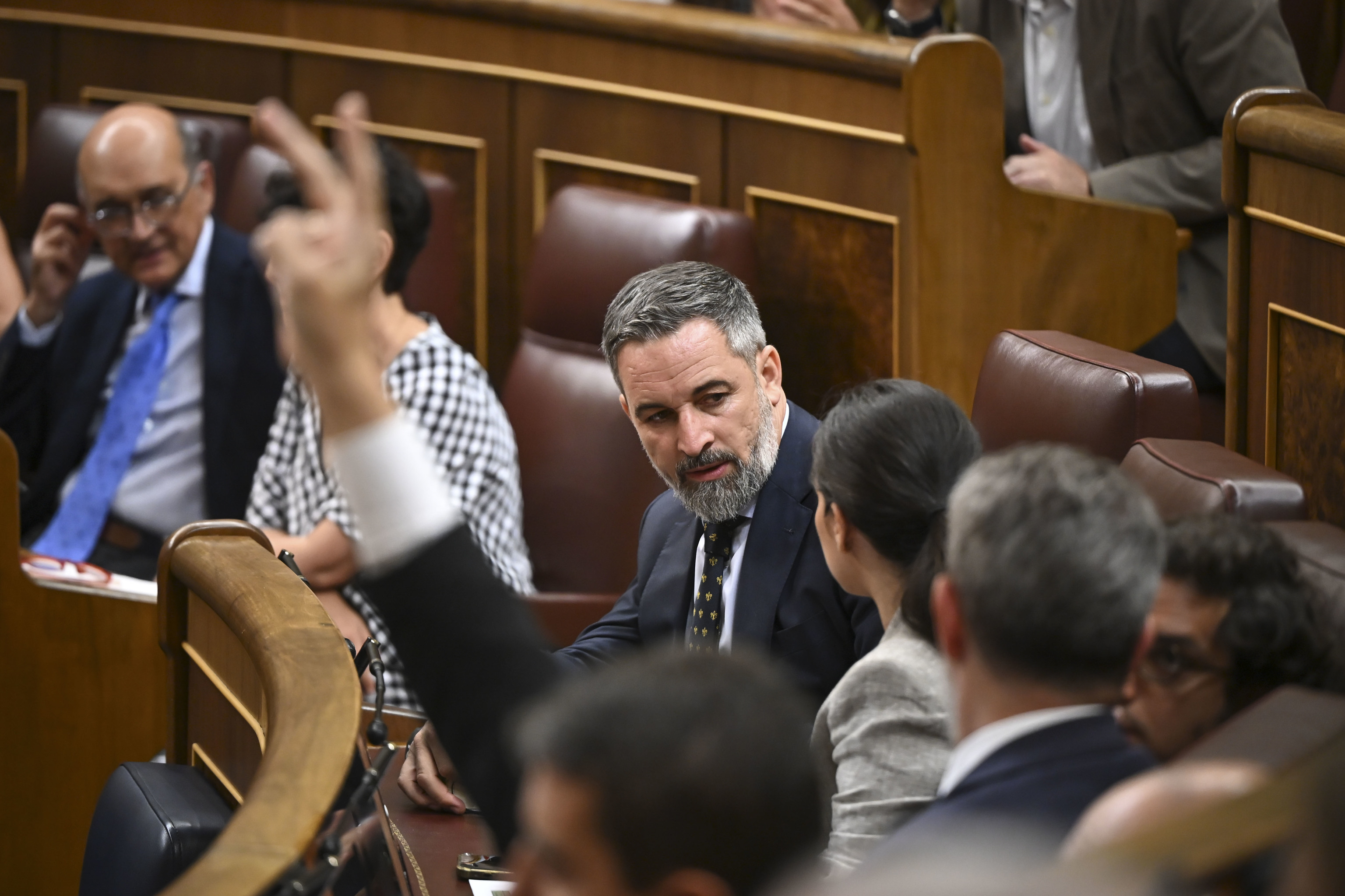 El presidente de Vox, Santiago Abascal, en su escaño en el Congreso