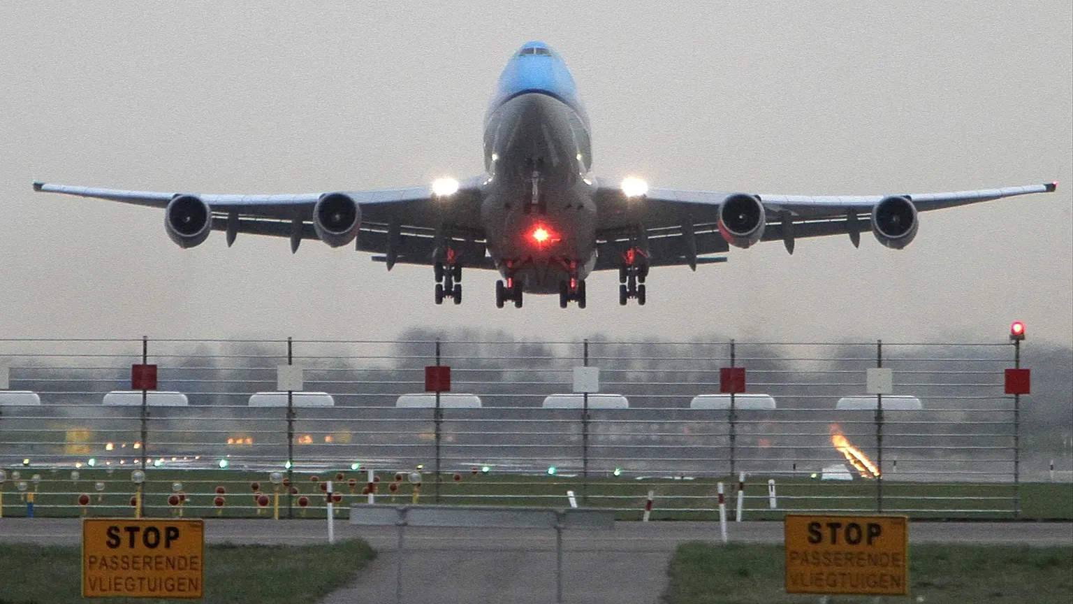 The first of three KLM passenger planes heading to New York takes off from Schiphol airport in Amsterdam, Netherlands, Monday April 19, 2010. 