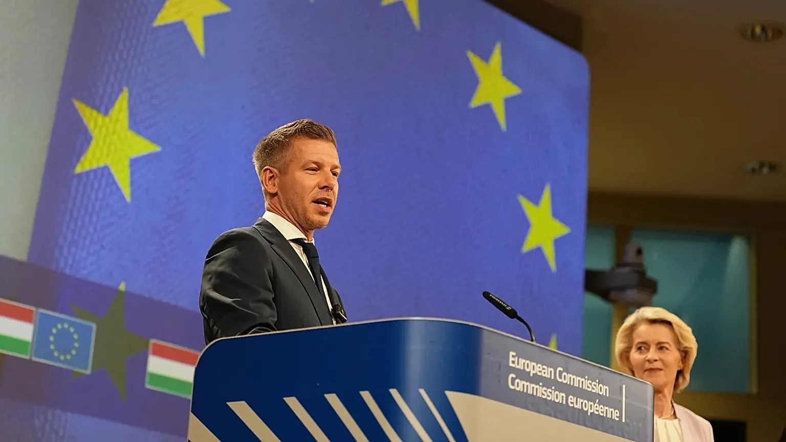 European Commission President Ursula von der Leyen, right, and Hungary's Prime Minister Peter Magyar address the media at EU headquarters in Brussels, Friday, May 29, 2026. (A