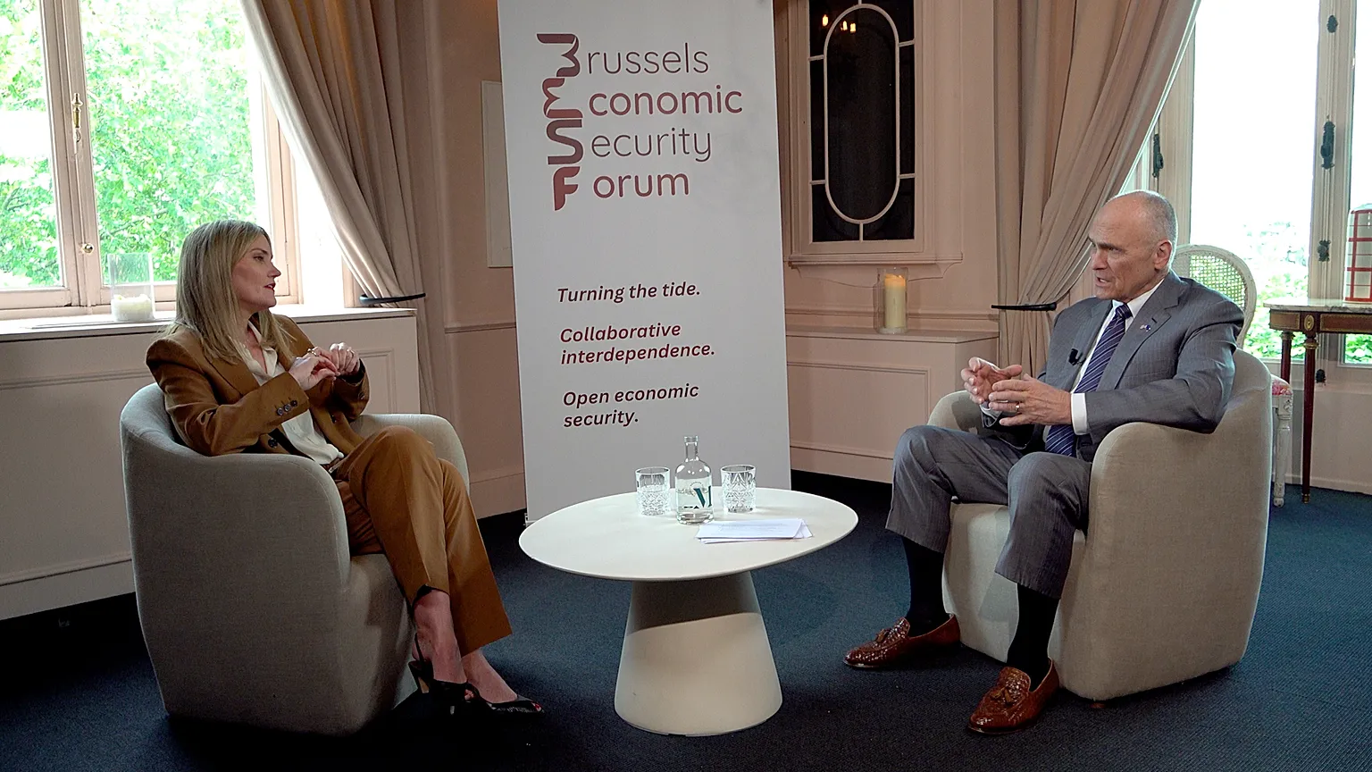US Ambassador to the EU Andrew Puzder speaking with Euronews at the Brussels Economic Security Forum on Friday, 5 June 2026.