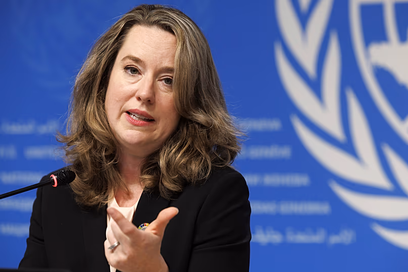 Director General of the IOM Amy Pope speaks during a press conference in Geneva, 2 October, 2023
