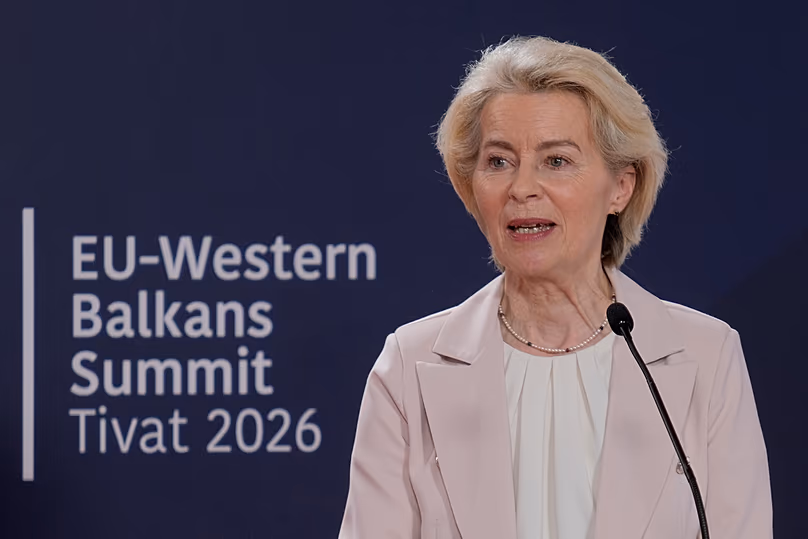 European Commission President Ursula von der Leyen talks to the media after the EU-Western Balkans summit in Tivat, 5 June, 2026