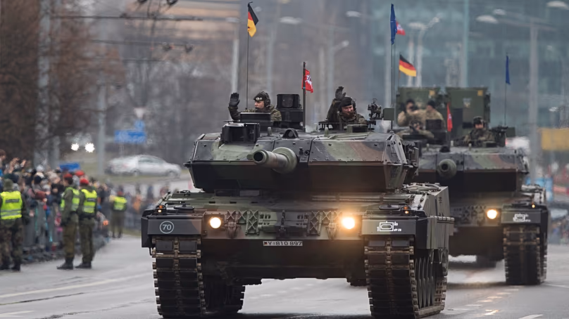 Members of the German Army during the military parade to celebrate the 100th anniversary of the Lithuanian military on Armed Forces Day in Vilnius, Nov. 24, 2018