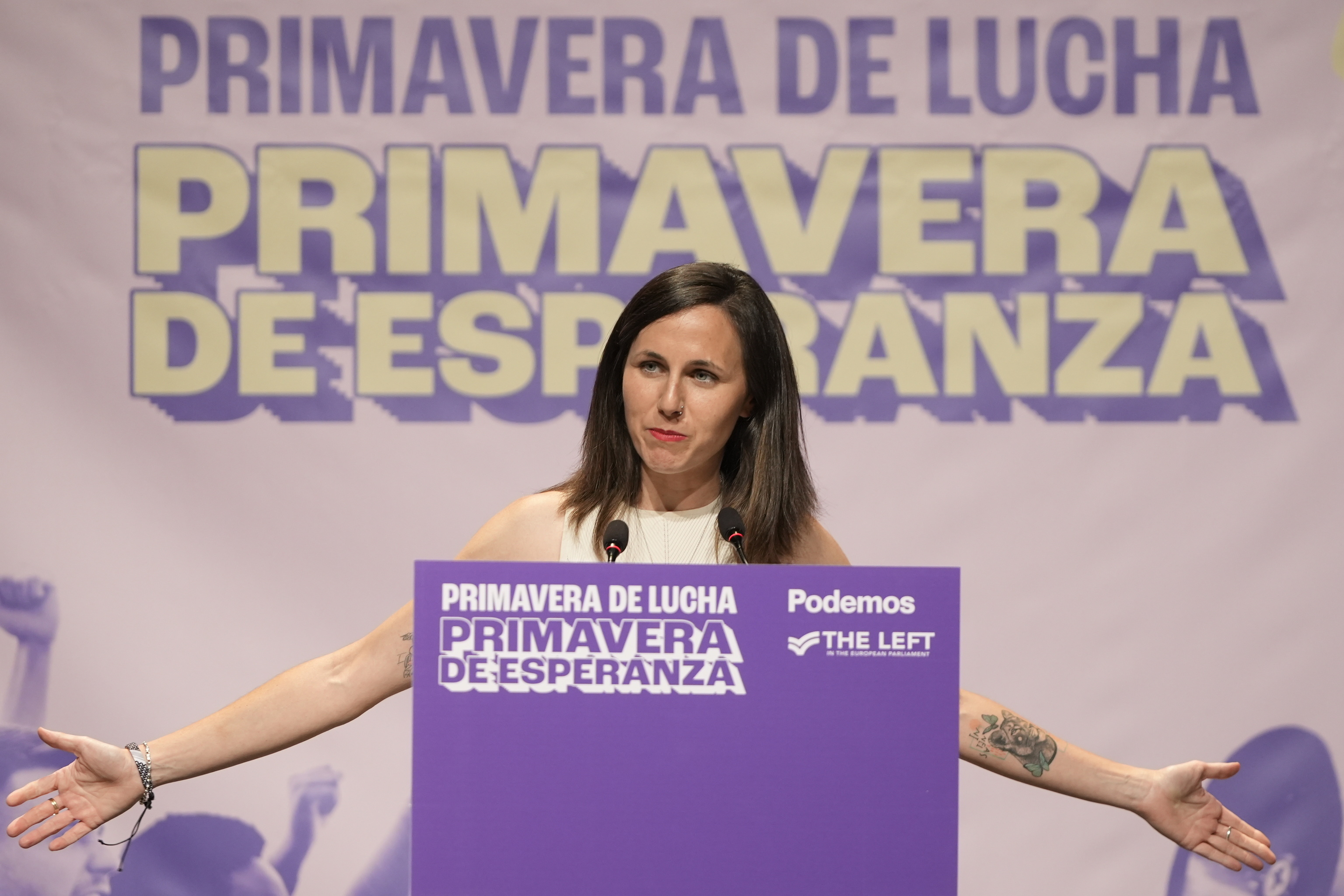 La líder de Podemos Ione Belarra durante un acto organizado por su partido con el lema 'Primavera de lucha, primavera de esperanza', este sábado, en el Círculo de Bellas Artes