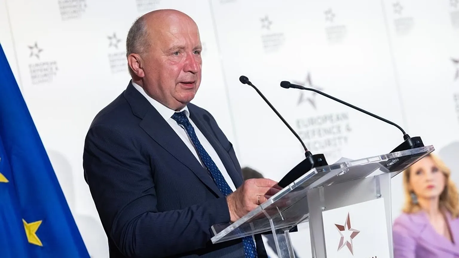 European Commissioner for Defence Andrius Kubilius speaking at the European Defence and Security Summit on 23 June, 2026 in Brussels, Belgium.