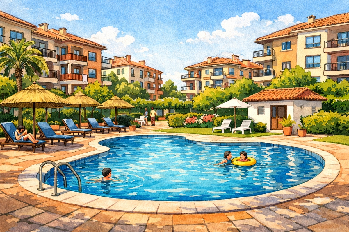 Dibujo de piscina exterior con personas nadando y tomando el sol, tumbonas, sombrillas, palmera, arbustos y edificios de apartamentos con balcones.
