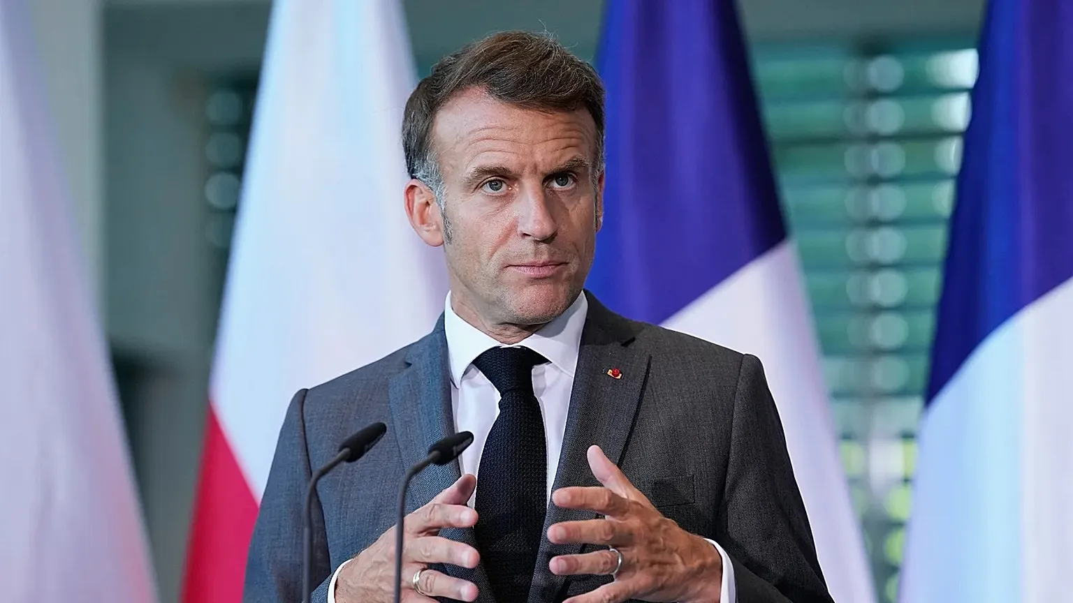 French President Emmanuel Macron attends a press conference at the E5 NATO Summit in Berlin, Germany, Wednesday, June 24, 2026.