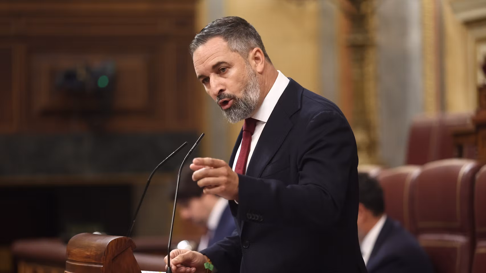 El presidente de Vox, Santiago Abascal, interviene durante la sesión plenaria de este miércoles en el Congreso de los Diputados.