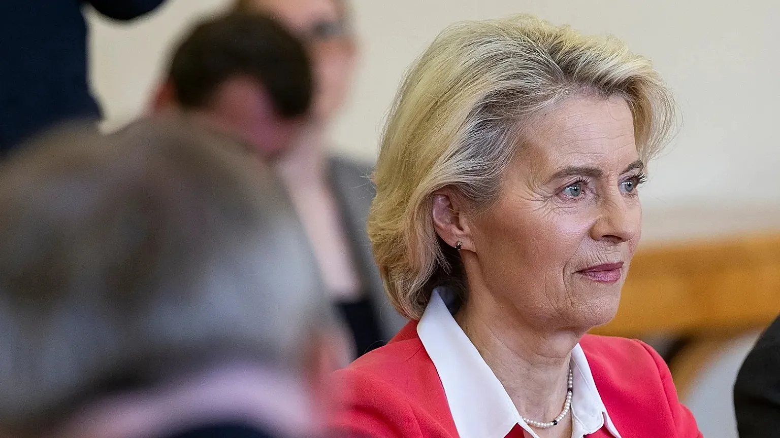 European Commission President Ursula von der Leyen listens during the meeting at the Presidential palace in Vilnius, Lithuania, Tuesday, May 26, 2026. 