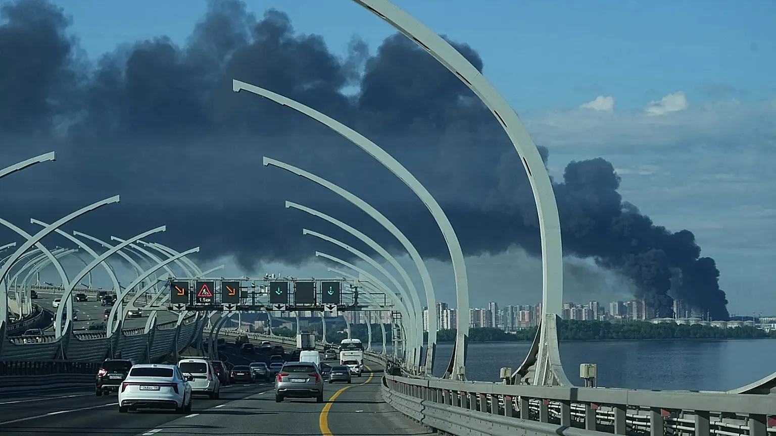FILE: A plume of black smoke is seen over the port of St. Petersburg, Russia, June 3, 2026, after a Ukrainian drone attack.