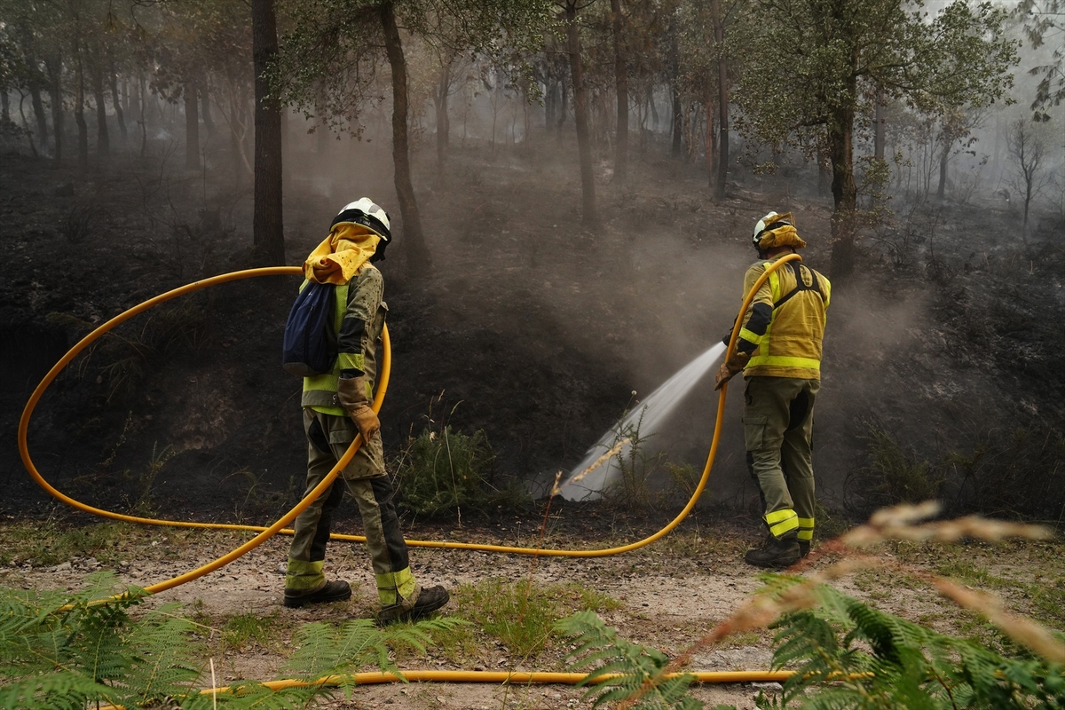 Dos bomberos forestales tratan de extinguir un incendio el pasado 13 de junio en Padrón, A Coruña. (Álvaro Ballesteros / Europa Press)