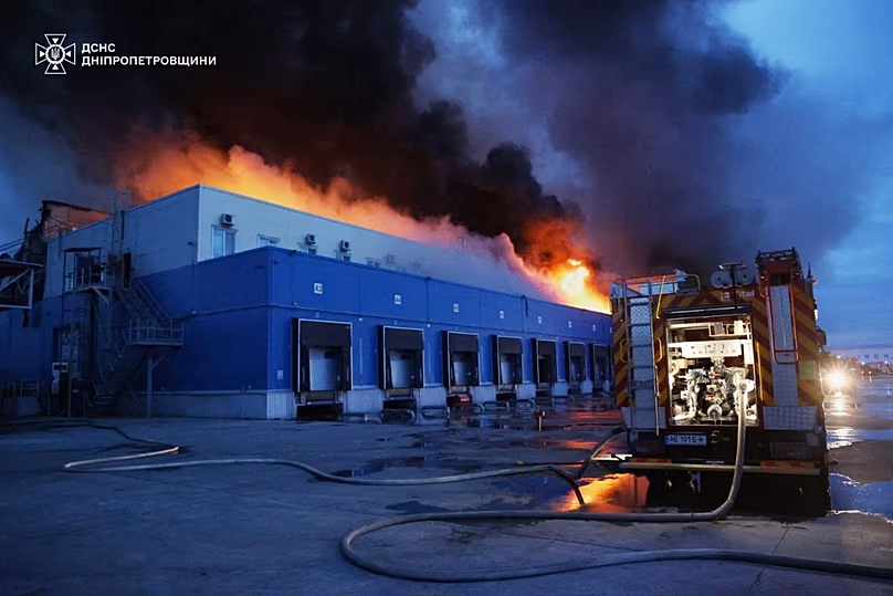 A storage depot is seen on fire after a Russian strike on Dnipropetrovsk region, 4 June, 2026